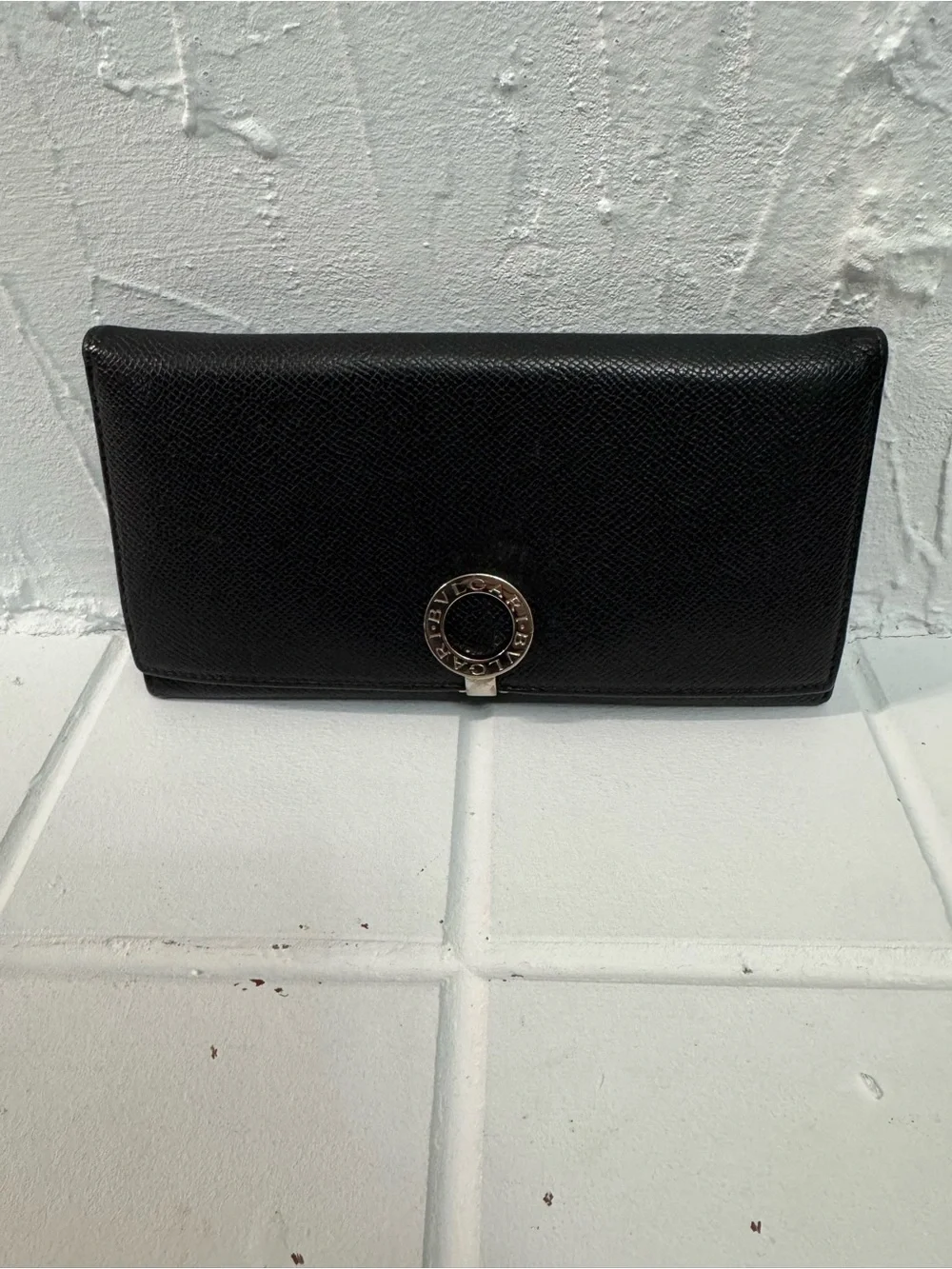 Bulgari Black Leather Continental Wallet with Signature Circle Logo